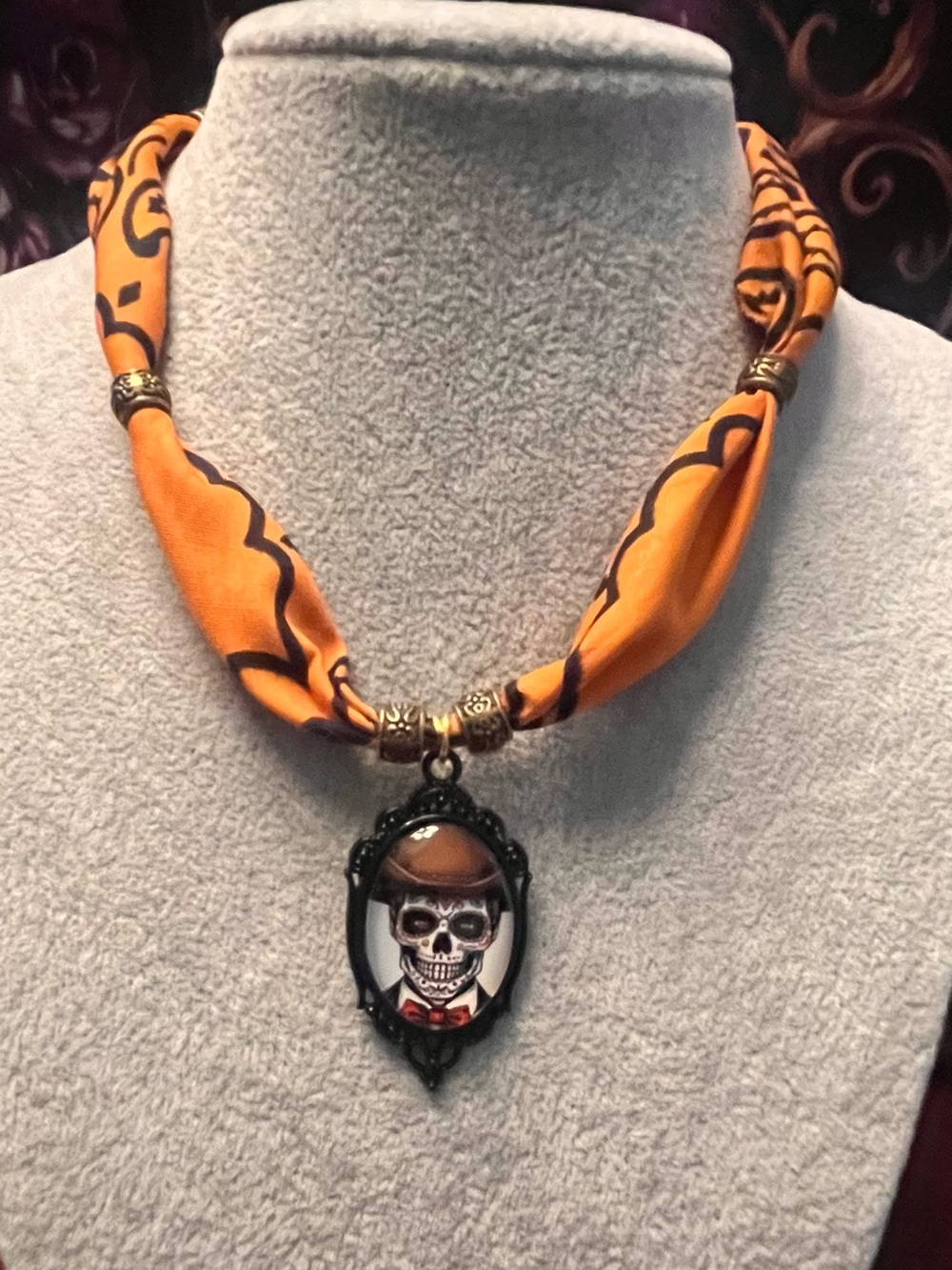 Orange Skull Cameo Scarf Necklace - Women's Statement Jewelry
